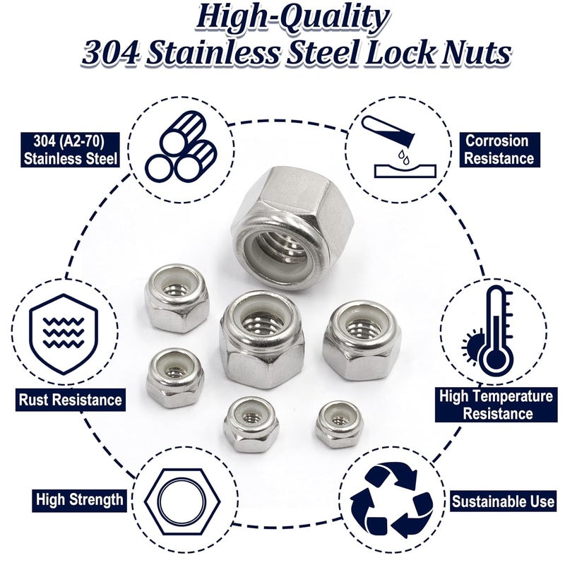 ZQZ 220 Pack SAE Nylon Insert Locknuts Assortment Kit,6#32 8#32 10#24 10#32 1/4"-20 5/16"-18 3/8"-16 1/2"-13 Nylock Nuts Sets,304 Stainless Steel Standard Inch Threaded Lock Nuts - Image 4
